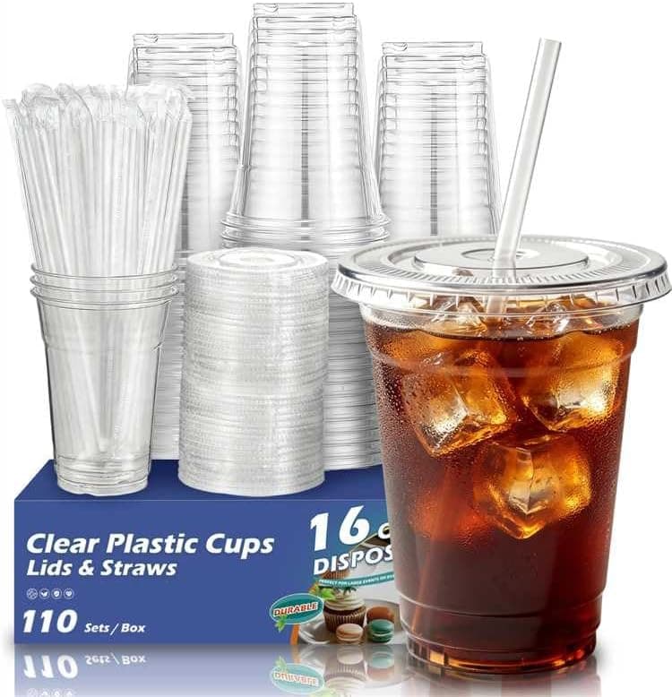 Voatree 16 oz Clear Cups with Lids & Straws, 110 pack