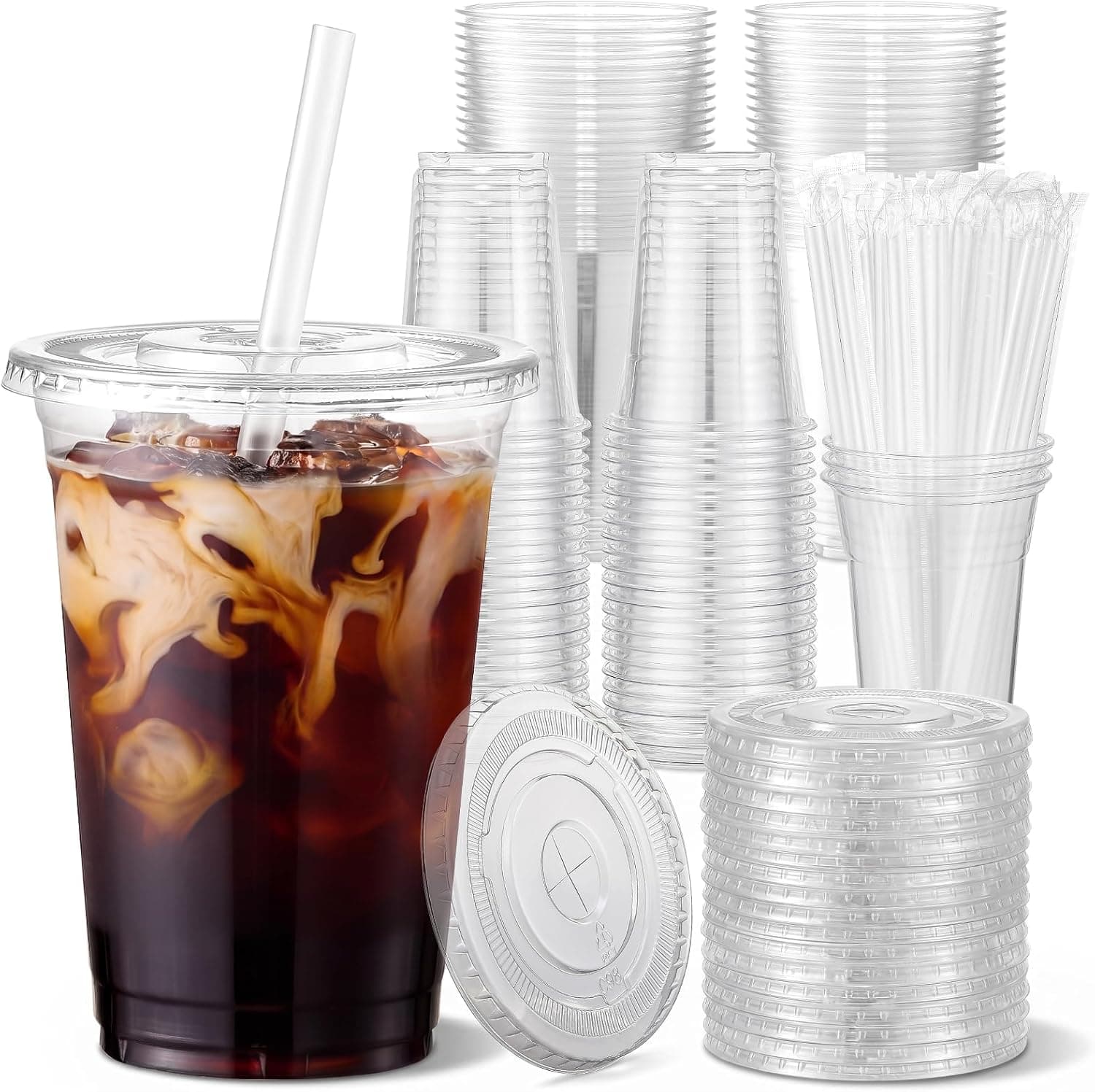 VITEVER 16 oz Clear Cups with Lids & Straws, 100 sets