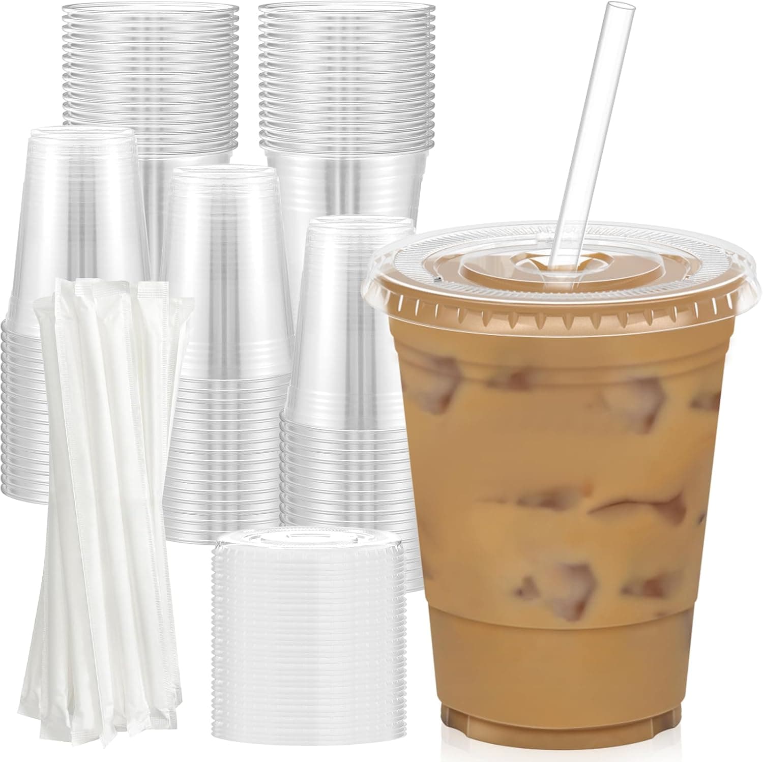 Dealusy 16 oz Clear Cups with Lids & Straws, 100 sets