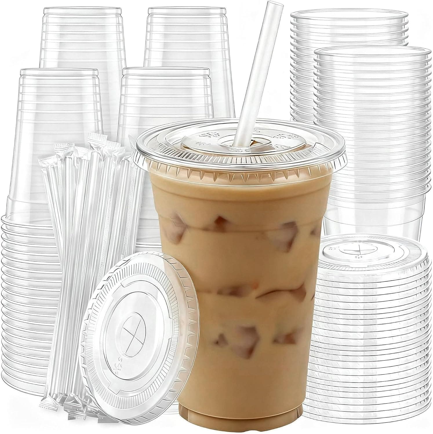 16 oz Cups with Leak-Resistant Lids & Straws, 100 pack