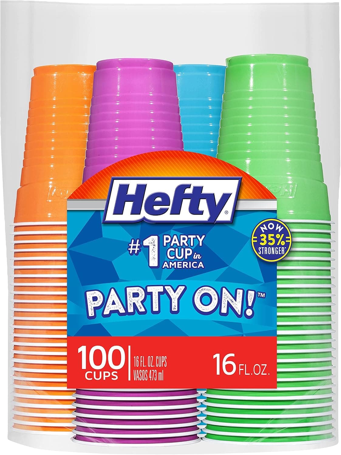 Hefty Party On 16 oz Cups, Assorted Colors, 100 count