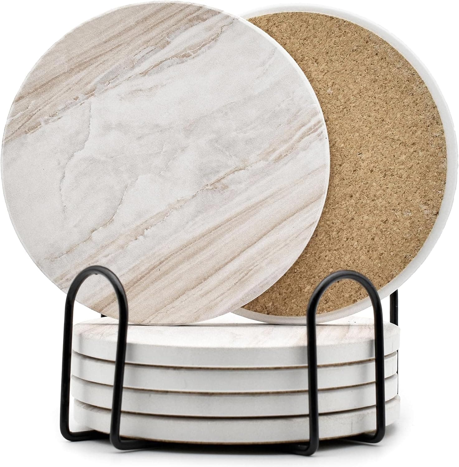 Ceramic Absorbent Coasters with Holder, 6-pack
